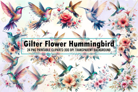 Retro Gilter Flower Hummingbird Clipart Sublimation designartist 