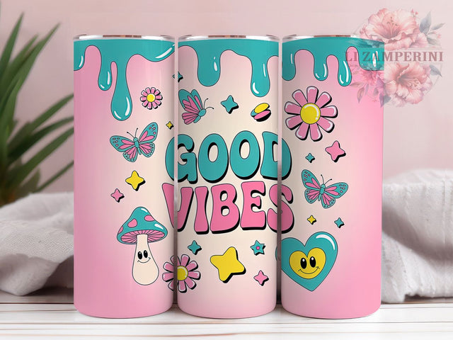 Retro Good Vibes Floral Tumbler, Retro Floral Wrap, 3D Puff Cup, Positive Sublimation Design, Vintage Gift Tumbler, Groovy Floral Wrap, Adorable Retro Cup Sublimation Li Zamperini 