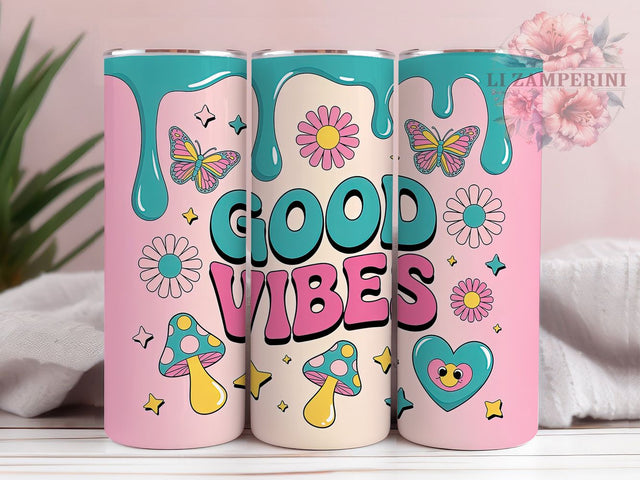 Retro Good Vibes Floral Tumbler, Retro Floral Wrap, 3D Puff Cup, Positive Sublimation Design, Vintage Gift Tumbler, Groovy Floral Wrap, Adorable Retro Cup Sublimation Li Zamperini 