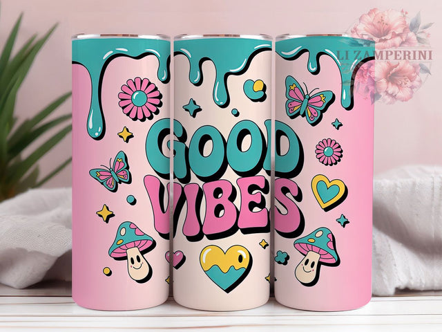 Retro Good Vibes Floral Tumbler, Retro Floral Wrap, 3D Puff Cup, Positive Sublimation Design, Vintage Gift Tumbler, Groovy Floral Wrap, Adorable Retro Cup Sublimation Li Zamperini 