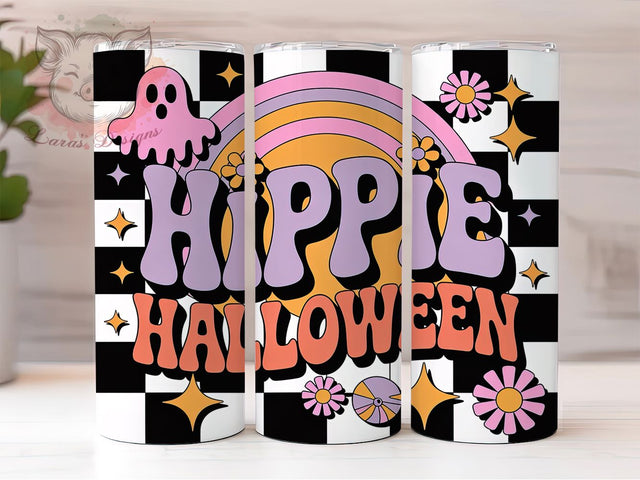 Retro Groovy Hippie Ghost Halloween Tumbler, Hippie Ghost Wrap, Checkered Tumbler Design, 20oz Sublimation Wrap, Groovy Halloween Drinkware, Vintage Spooky Tumbler, Cute Hippie Halloween Sublimation Lara' s Designs 