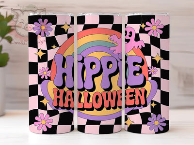 Retro Groovy Hippie Ghost Halloween Tumbler, Hippie Ghost Wrap, Checkered Tumbler Design, 20oz Sublimation Wrap, Groovy Halloween Drinkware, Vintage Spooky Tumbler, Cute Hippie Halloween Sublimation Lara' s Designs 