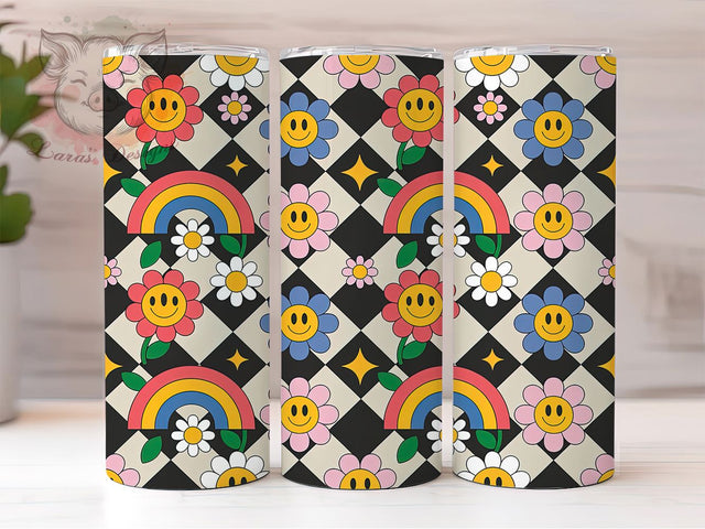 Retro Groovy Rainbow Smiley Face Tumbler, Groovy Rainbow Wrap, 20Oz Tumbler Sublimation, Vintage Happy Cup, Hippie Style Drinkware, Funky Retro Mug, Colorful Smiley Design Sublimation Lara' s Designs 