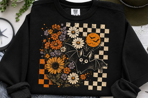 Retro Halloween Bat Floral Moon PNG SVG DesignDestine 