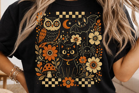 Retro Halloween Black Cat Floral PNG SVG DesignDestine 