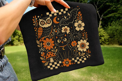 Retro Halloween Black Cat Floral PNG SVG DesignDestine 