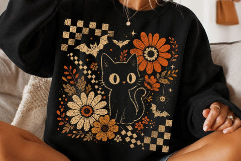 Retro Halloween Black Cat Floral PNG SVG DesignDestine 