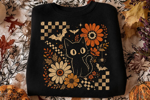 Retro Halloween Black Cat Floral PNG SVG DesignDestine 