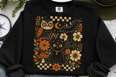 Retro Halloween Black Cat Floral PNG SVG DesignDestine 