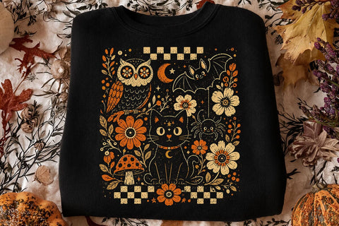 Retro Halloween Black Cat Floral PNG SVG DesignDestine 