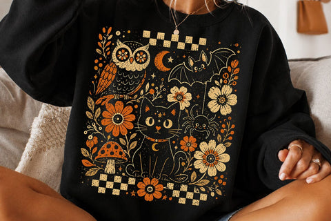 Retro Halloween Black Cat Floral PNG SVG DesignDestine 