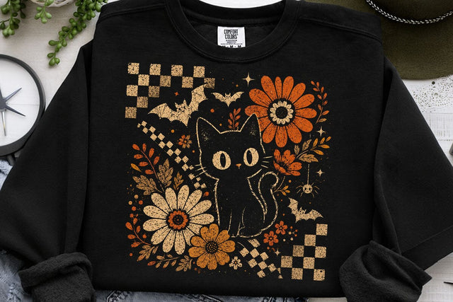 Retro Halloween Black Cat Floral PNG SVG DesignDestine 