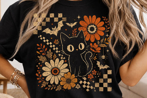 Retro Halloween Black Cat Floral PNG SVG DesignDestine 