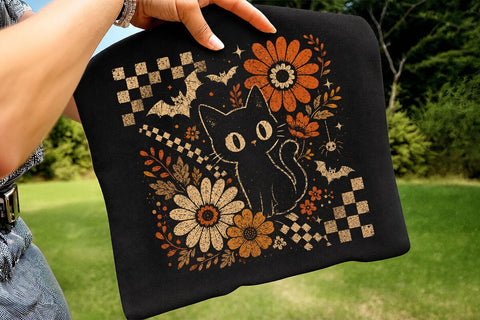 Retro Halloween Black Cat Floral PNG SVG DesignDestine 