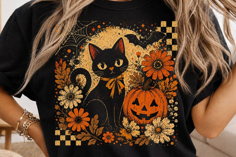 Retro Halloween Black Cat Pumpkin PNG SVG DesignDestine 