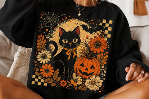 Retro Halloween Black Cat Pumpkin PNG SVG DesignDestine 
