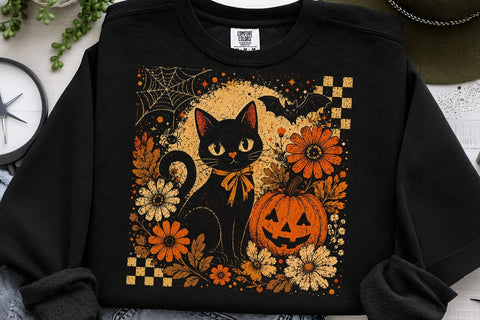 Retro Halloween Black Cat Pumpkin PNG SVG DesignDestine 