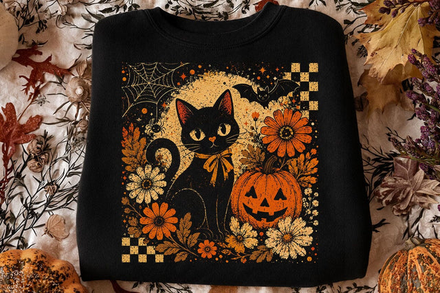 Retro Halloween Black Cat Pumpkin PNG SVG DesignDestine 