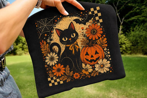 Retro Halloween Black Cat Pumpkin PNG SVG DesignDestine 