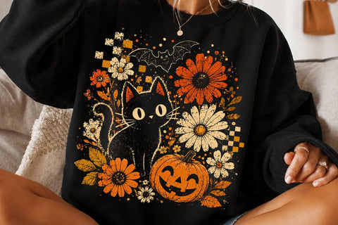 Retro Halloween Cat Floral Pumpkin PNG SVG DesignDestine 