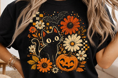 Retro Halloween Cat Floral Pumpkin PNG SVG DesignDestine 