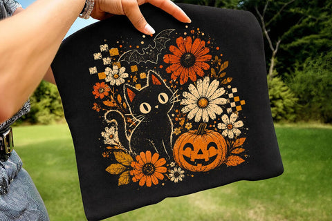 Retro Halloween Cat Floral Pumpkin PNG SVG DesignDestine 