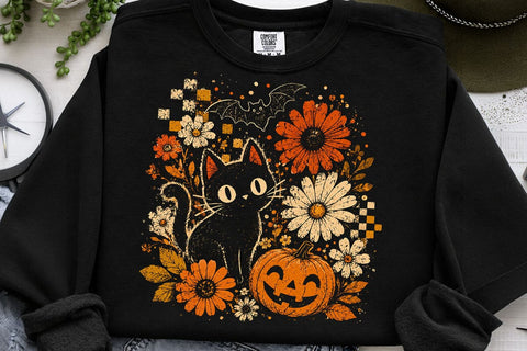 Retro Halloween Cat Floral Pumpkin PNG SVG DesignDestine 