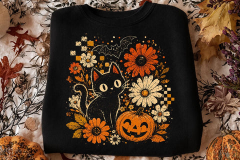 Retro Halloween Cat Floral Pumpkin PNG SVG DesignDestine 
