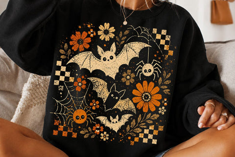 Retro Halloween Floral Bat PNG Design SVG DesignDestine 