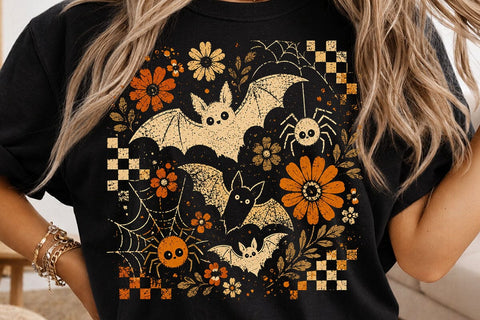 Retro Halloween Floral Bat PNG Design SVG DesignDestine 