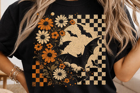 Retro Halloween Floral Bats PNG Design SVG DesignDestine 