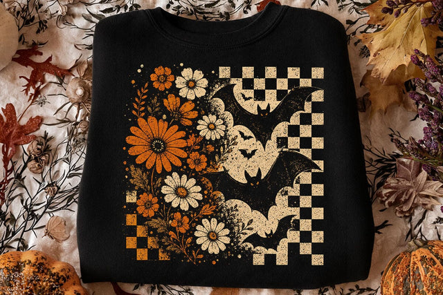 Retro Halloween Floral Bats PNG Design SVG DesignDestine 