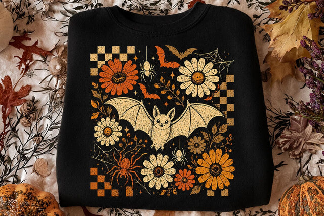 Retro Halloween Floral Cute Bat PNG SVG DesignDestine 