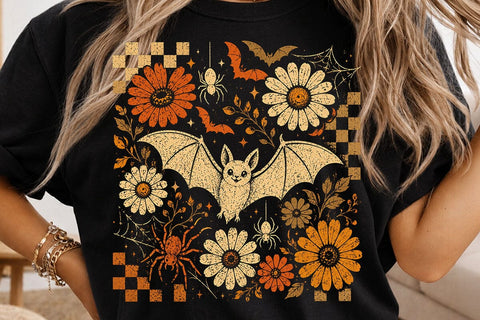 Retro Halloween Floral Cute Bat PNG SVG DesignDestine 