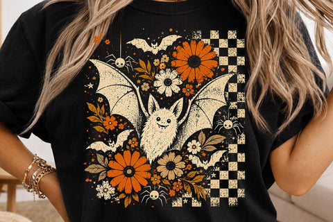 Retro Halloween Floral Cute Bat PNG SVG DesignDestine 