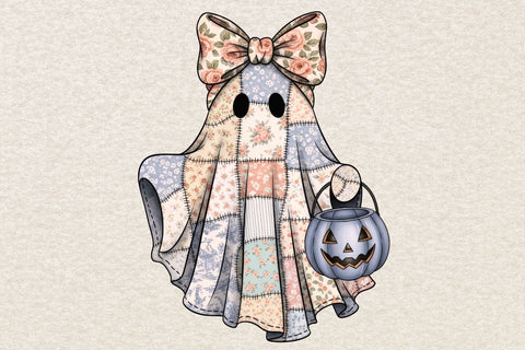 Retro Halloween Floral Ghost Png| Preppy Patchwork Fall Ghost Sublimation Png. Sublimation CosmosFineArt 