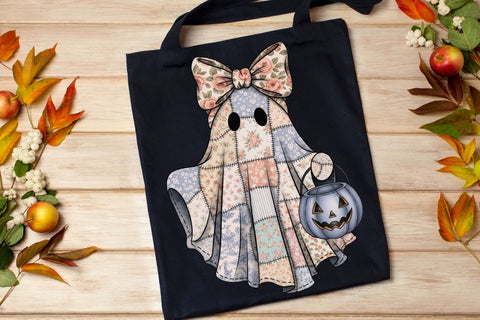 Retro Halloween Floral Ghost Png| Preppy Patchwork Fall Ghost Sublimation Png. Sublimation CosmosFineArt 