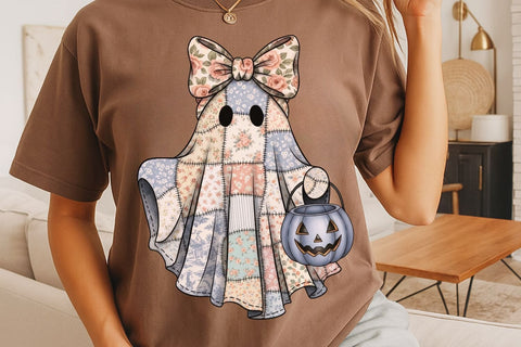 Retro Halloween Floral Ghost Png| Preppy Patchwork Fall Ghost Sublimation Png. Sublimation CosmosFineArt 