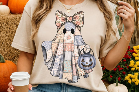 Retro Halloween Floral Ghost Png| Preppy Patchwork Fall Ghost Sublimation Png. Sublimation CosmosFineArt 