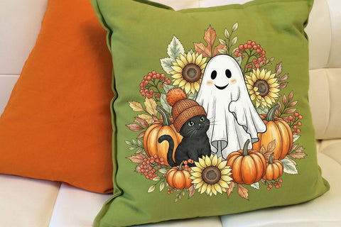 Retro Halloween Ghost And Cat PNG| Preppy Halloween Sublimation Png. Sublimation CosmosFineArt 