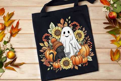Retro Halloween Ghost And Cat PNG| Preppy Halloween Sublimation Png. Sublimation CosmosFineArt 