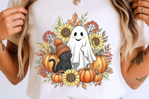 Retro Halloween Ghost And Cat PNG| Preppy Halloween Sublimation Png. Sublimation CosmosFineArt 