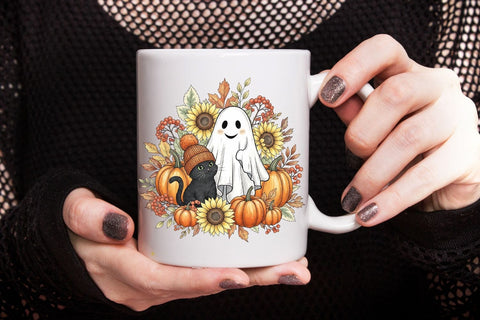 Retro Halloween Ghost And Cat PNG| Preppy Halloween Sublimation Png. Sublimation CosmosFineArt 