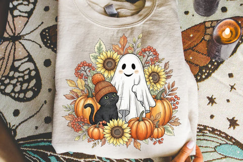 Retro Halloween Ghost And Cat PNG| Preppy Halloween Sublimation Png. Sublimation CosmosFineArt 