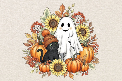 Retro Halloween Ghost And Cat PNG| Preppy Halloween Sublimation Png. Sublimation CosmosFineArt 
