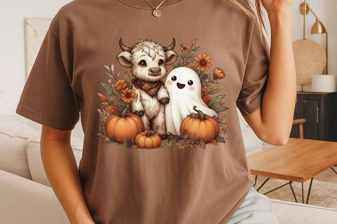 Retro Halloween Ghost And Highland Cow PNG| Floral Halloween Sublimation Png. Sublimation CosmosFineArt 