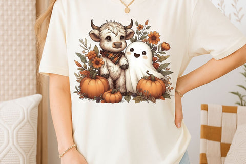 Retro Halloween Ghost And Highland Cow PNG| Floral Halloween Sublimation Png. Sublimation CosmosFineArt 