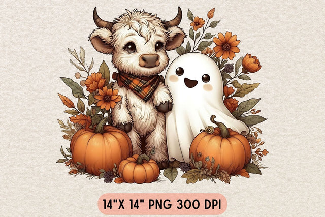 Retro Halloween Ghost And Highland Cow PNG| Floral Halloween Sublimation Png. Sublimation CosmosFineArt 