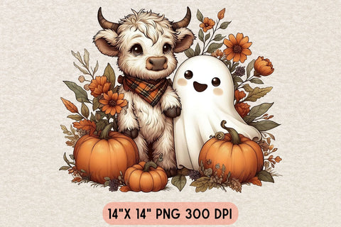 Retro Halloween Ghost And Highland Cow PNG| Floral Halloween Sublimation Png. Sublimation CosmosFineArt 