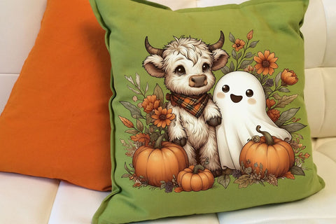 Retro Halloween Ghost And Highland Cow PNG| Floral Halloween Sublimation Png. Sublimation CosmosFineArt 